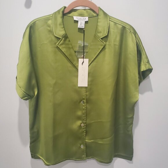 Rachel Zoe New Chartreuse Green Short Sleeve Satin Button Down Blouse  Large - Picture 1 of 9